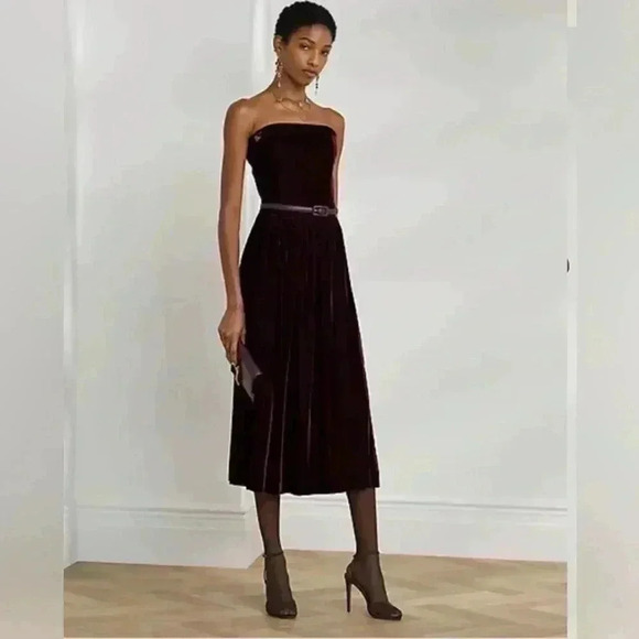 Ralph Lauren Collection Velvet Cocktail Dress 12 Maroon Red Midi Strapless Silk - Picture 2 of 12